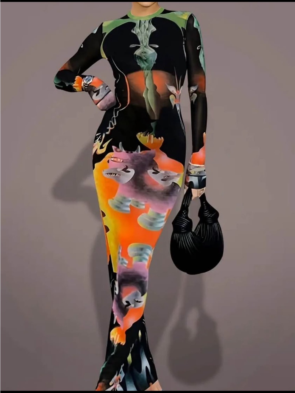 Abstract Printed Long Sleeve Bodycon Dress in Black & Orange Sz Lg True to Sz